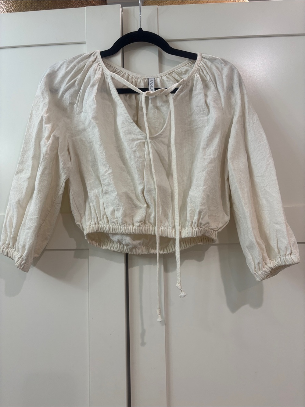 Rachel Pally Cream Peasant Thick Linen Tie-Front Crop Blouse Top, S